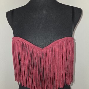 Stylish Fringe Strapless Crop Top in Burgundy